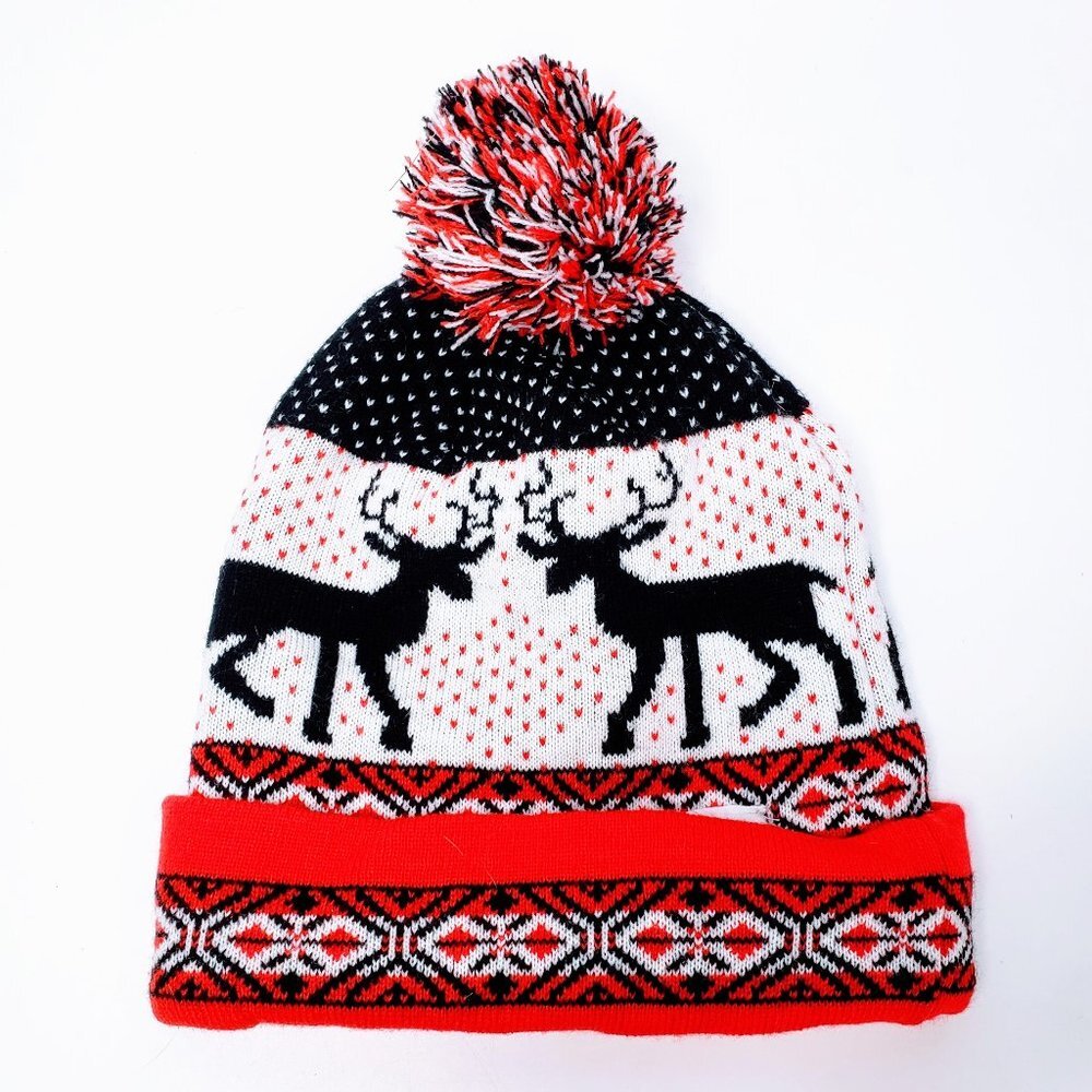 Winter Holiday Light Up Pom Top Nordic Style Beanie Toboggan OS